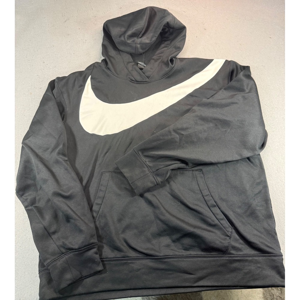 Nike Dri-FIT‎ Mens Large Black Oversized Swoosh Graphic Hoodie Sweatshirt